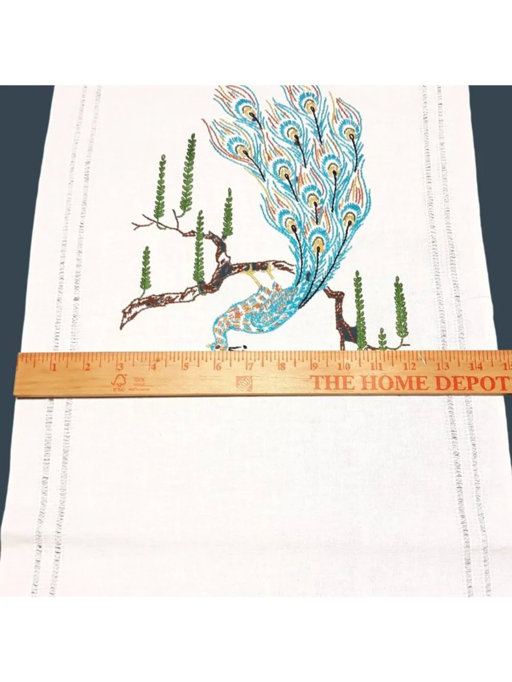 Hand-Embroidered White Cotton Table Runner With Colorful Peacock Design 14 x 36